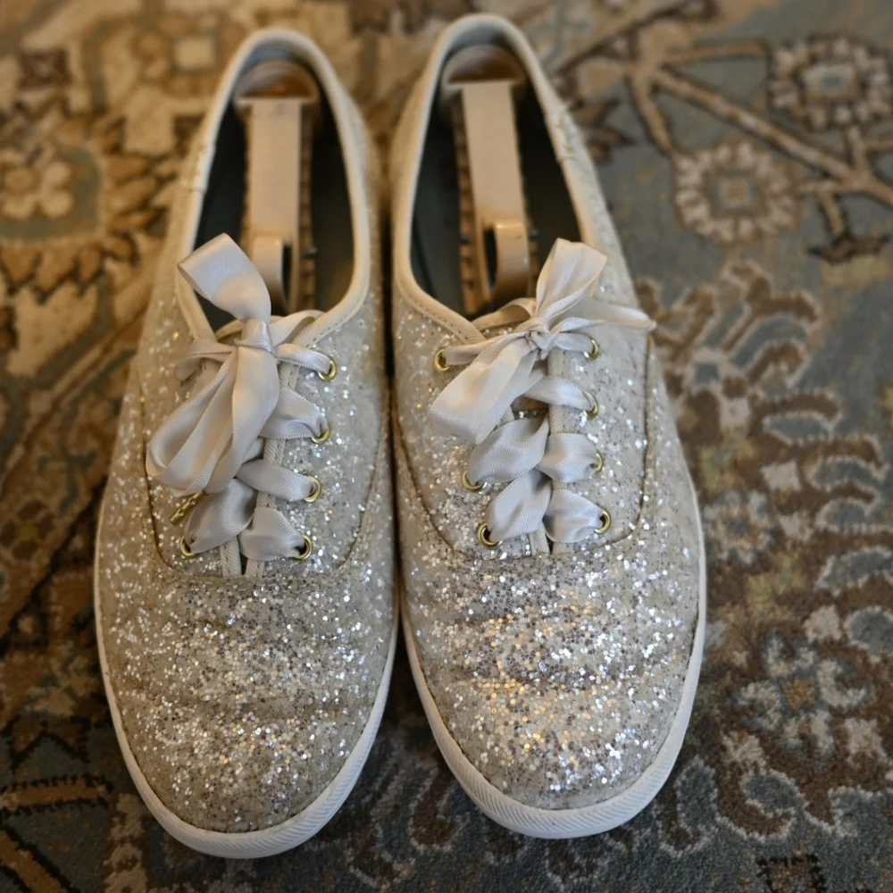 Keds X Kate Spade Silver Glitter White Sequin Sneakers White Laces Size 8 Bridal